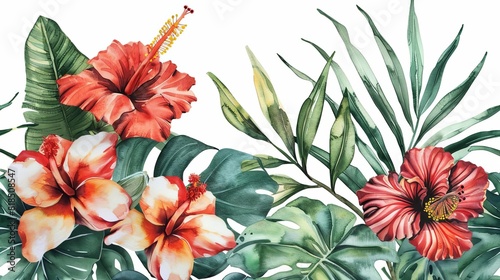 lush tropical leaves and flowers on white watercolor illustration