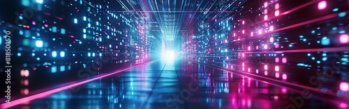 Abstract futuristic technology background with lines network high speed data transfer, big data, data center, server, internet, speed. dark blue and pink neon lights into digital technology tunnel