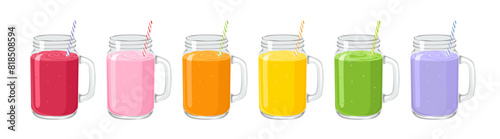 Row of fresh smoothies in mason jar glass with straws isolated on white. Vector cartoon illustration of different healthy juices or shakes.