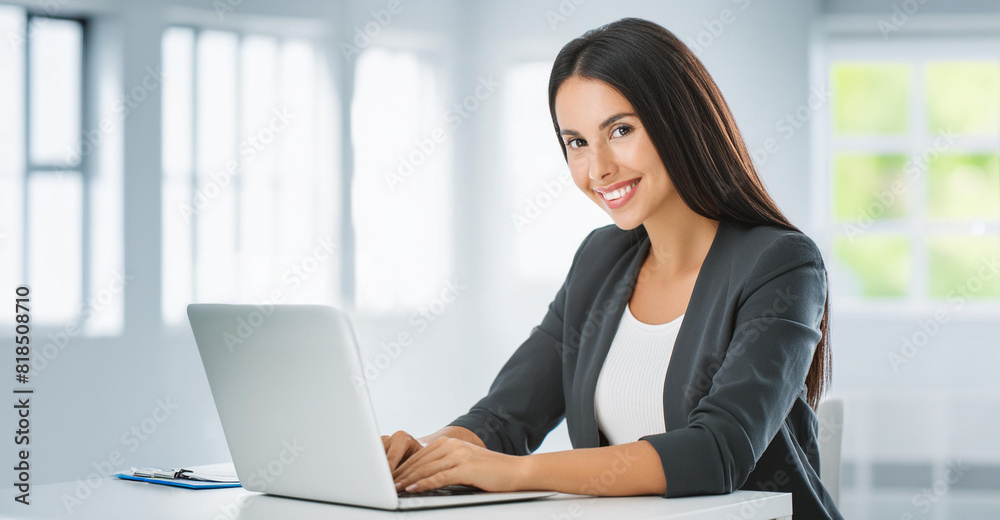 Young, attractive woman working on a laptop in brightly lit office, smiling. Young, attractive woman working on a laptop in brightly lit office, smiling.