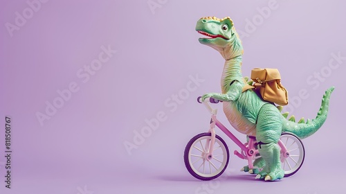 Cute happy dinosaur toy riding bicycle with backpack on pastel purple background