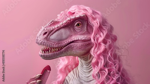 Dinosaur with long curly pink hair is holding comb beauty salon humor concept
