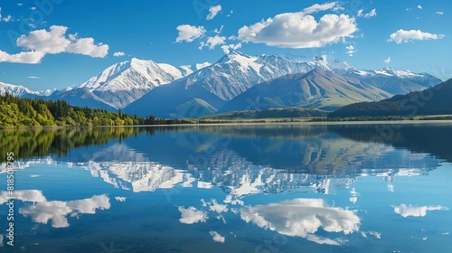 tranquil lake reflecting majestic snowcapped mountains idyllic landscape scenery