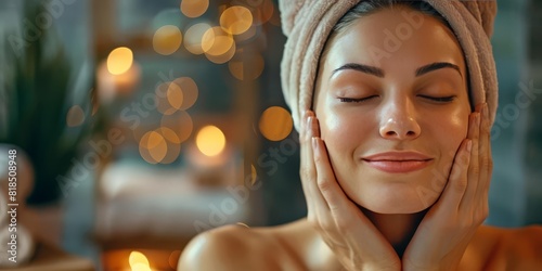 Model demonstrating facial massage techniques with a relaxing ambiance