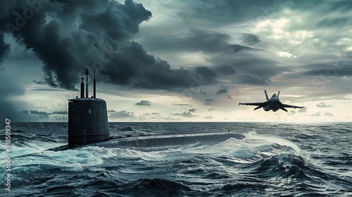 military nuclear submarine and fighter jet in ocean dramatic wide poster design photo
