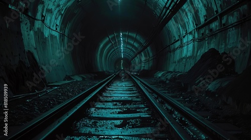 long exposure pov inside dark train tunnel with glowing tracks abstract photography photo