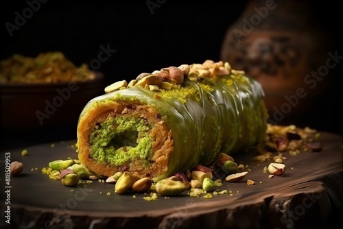 sweets, arabic, pistachio, oriental, mabroma, dessert, traditional, baklava, pastry, rolled, middle eastern, syrup, nutty, honey photo