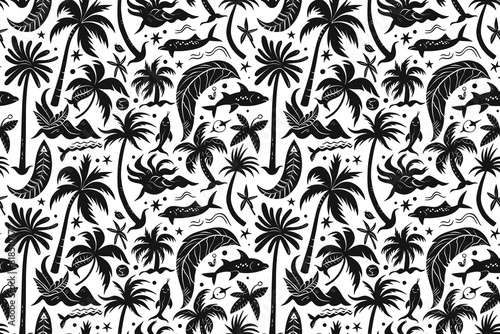 Seamless pattern of black tropical elements on white background