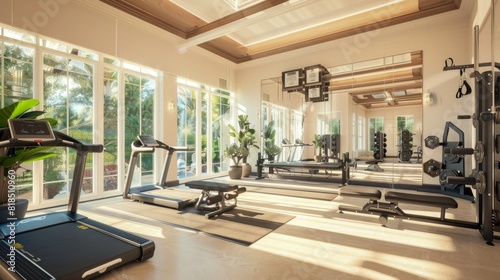 A stylish home gym area with modern exercise equipment, a large mirror, and motivational posters, leaving room for text or graphics photo