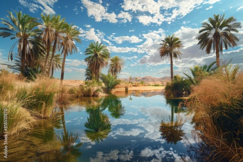 Oasis with Palm Trees in Desert Landscape © kmmind
