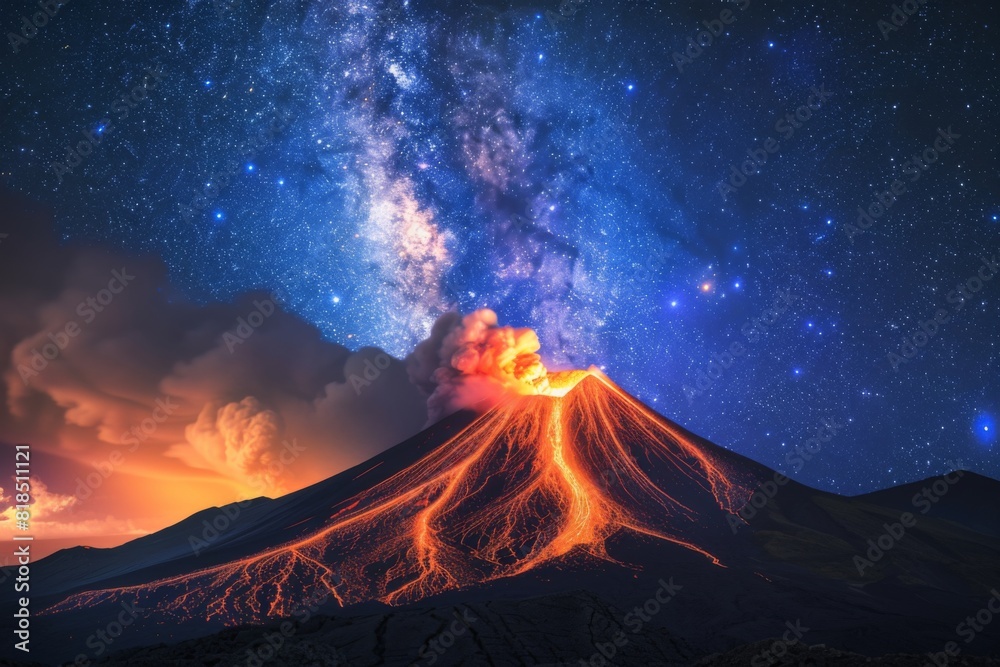 Volcano Erupting Under Starry Night Sky