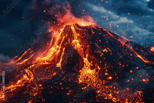 Erupting Volcano Spewing Lava and Ash