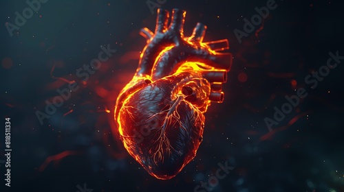 3D illustration of aRong Yan De Xin Zang . The heart is beating and glowing. The background is dark.