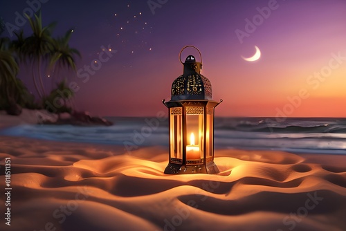 Lantern candle on sand beach twilight sunset sky and crescent moon.Ramadan, Eid Al Adha, Eid Al Fitr. Lantern candle on sand beach twilight sunset sky and crescent moon.