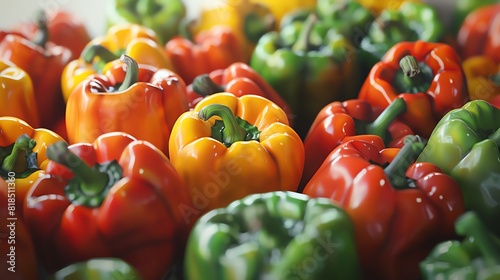 Highlight the intricate details and varied hues of bell peppers in a frontal perspective, impeccably separated against a clean white canvas using advanced CG techniques photo