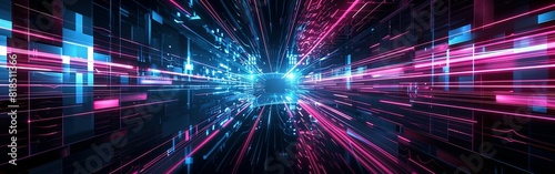 Abstract futuristic technology background with lines network high speed data transfer, big data, data center, server, internet, speed. dark blue and pink neon lights into digital technology tunnel