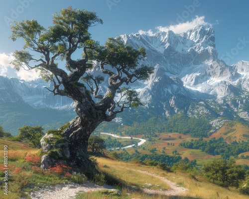 Majestic Ancient Tree in Scenic Mountainous Landscape with Snow-Capped Peaks and Rolling Green Hills Under Clear Blue Sky