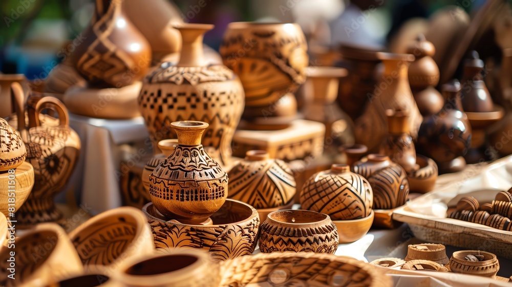 A variety of handmade clay pots and bowls with intricate designs are displayed for sale at a local market A variety of handmade clay pots and bowls with intricate designs are displayed for sale at a local market