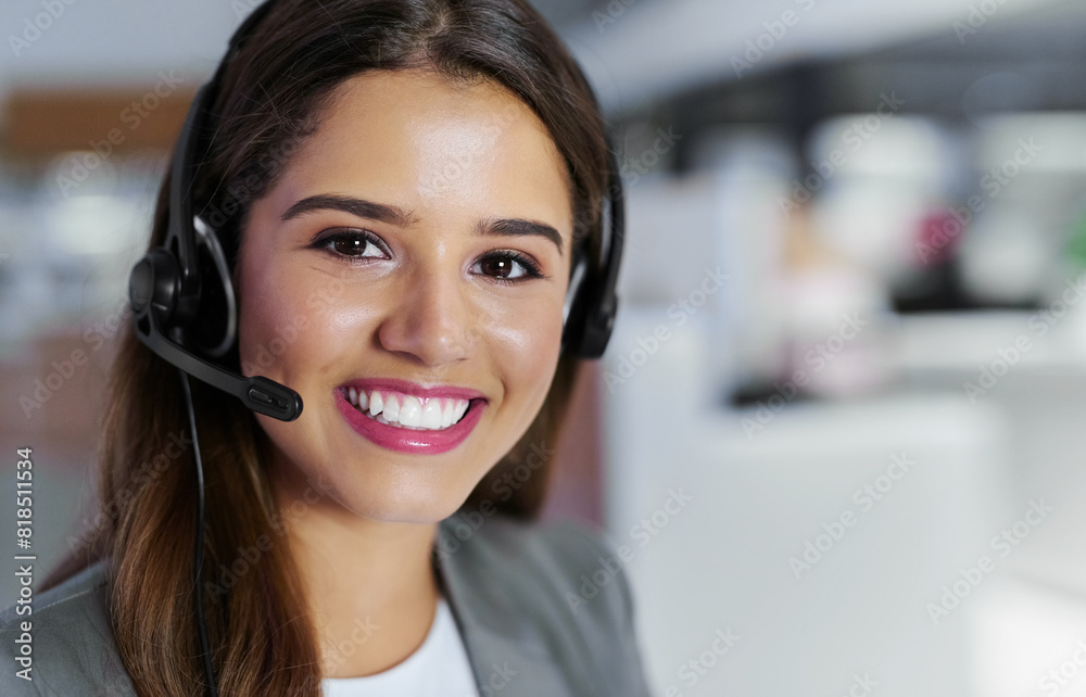 Customer service, smile and portrait with woman in office for call center, support and telemarketing. Consultant, headset and business with tech at work for inbound sales, communication and telecom Customer service, smile and portrait with woman in office for call center, support and telemarketing. Consultant, headset and business with tech at work for inbound sales, communication and telecom