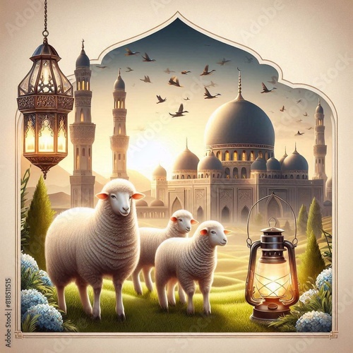 Eid al Adha Poster Design with Sheep and Mosque. Festival of Sacrifice  photo