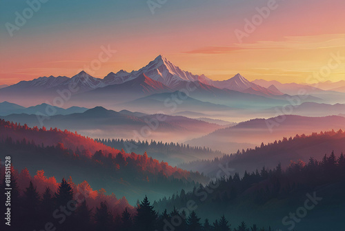 Mountain landscape in rays of rising sun. Abstract gradient illustration in soft pastel color photo