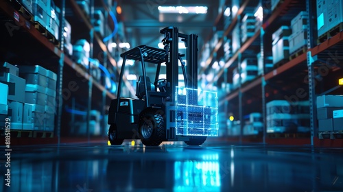 A forklift in a futuristic warehouse