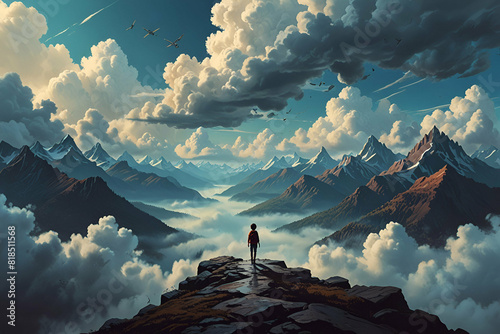surreal world showing a cartoon boy walking on clouds looking at mountains, digital art style, illustration painting photo