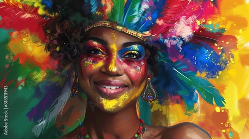 vibrant african american woman in colorful carnival makeup and feather hairpiece at pride festival celebrating diversity digital painting photo