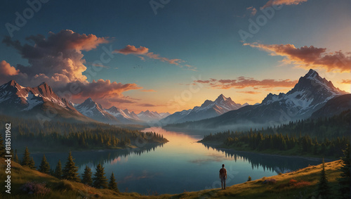The image shows a mountain lake at sunset. The sky is blue and there are some clouds. The lake is surrounded by green hills and trees.  