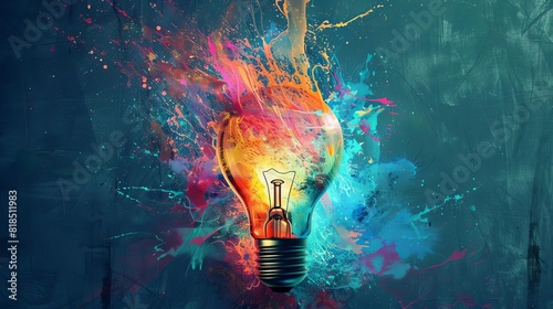 eureka moment of creative inspiration concept vibrant liquid paint merging into a glowing colorful lightbulb on dark teal background digital art photo
