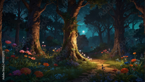 The image is of a night forest with a full moon. There are flowers on either side of a small creek  and the light from the moon is shining through the trees.  