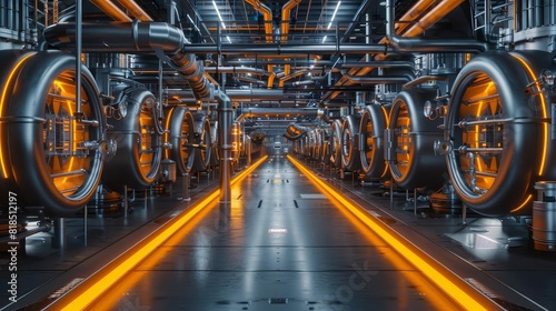 industrial gray and orange metallic steel factory room with round gas or water valve pipes futuristic technology installation ai generated photo