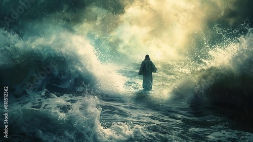 dramatic illustration of jesus walking on water during a stormy sea biblical concept