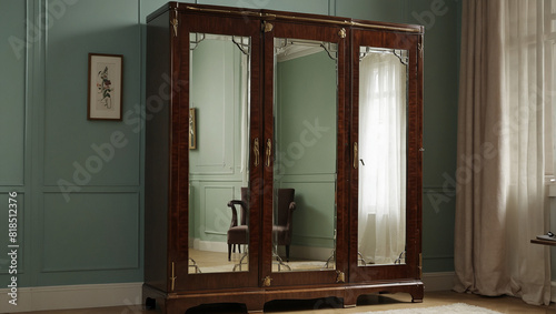 A wooden armoire with two mirrored doors.

 photo