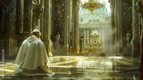 pope kneeling in prayer at ornate altar in grand cathedral spiritual religious leader digital painting photo