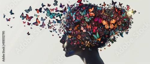 Silhouette of a woman's profile with colorful butterflies forming her hair, symbolizing creativity and freedom. Vibrant and artistic imagery. photo