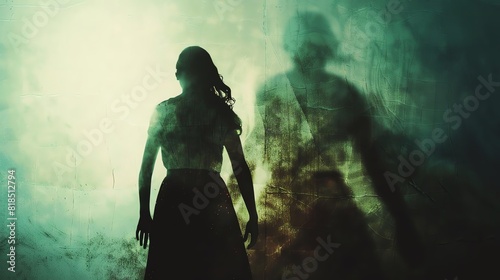 Silhouetted woman in mysterious light with shadow. Dark, eerie ambiance, evoking intrigue and suspense.