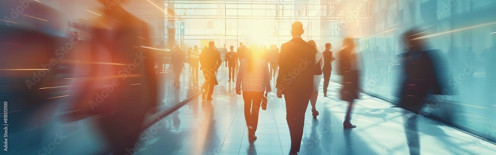 Blurred business people walking in the office. Walking Businesspeople walking in blurred motion in modern office space
