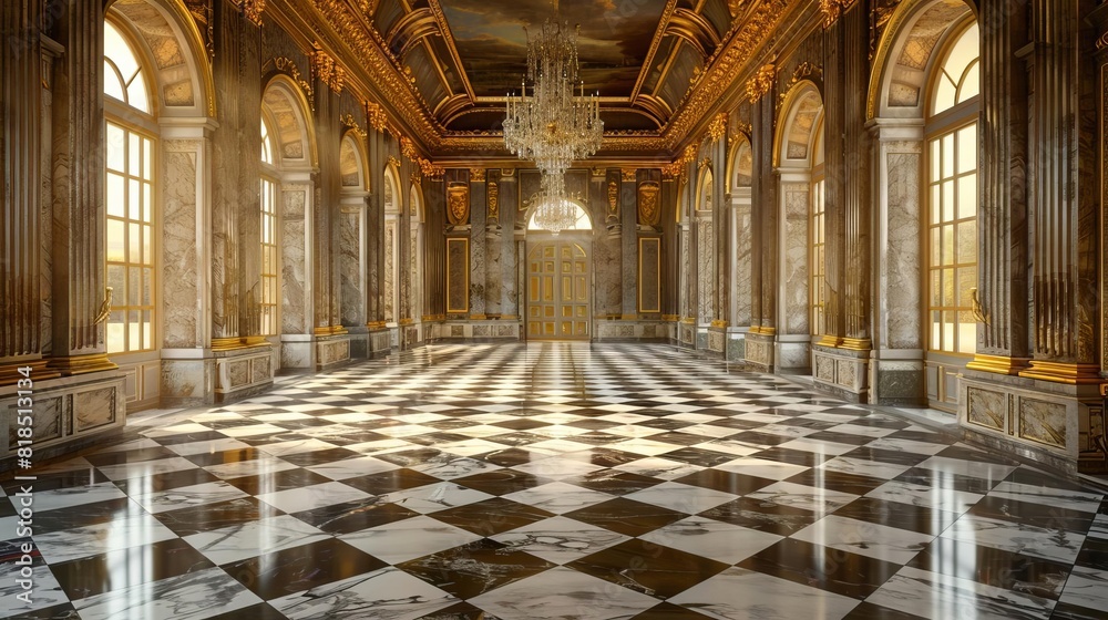 Fototapeta premium luxurious golden marble interior of royal palace with checkered floor 3d rendering