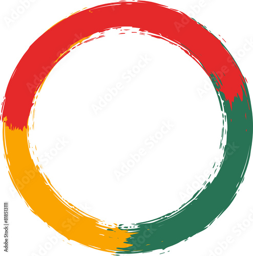 Circle shape with paint brush textured stripes in traditional African colors red, yellow, green. Design element for Juneteenth, Kwanzaa, Black History month. Transparent background.