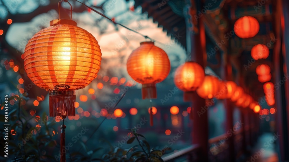 Red lanterns glowing softly during Mid-Autumn Festival Red lanterns glowing softly during Mid-Autumn Festival