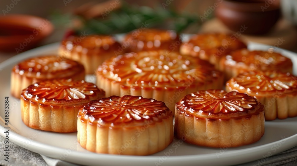 Simple mooncakes on a clean, white plate for Moon Festival Simple mooncakes on a clean, white plate for Moon Festival