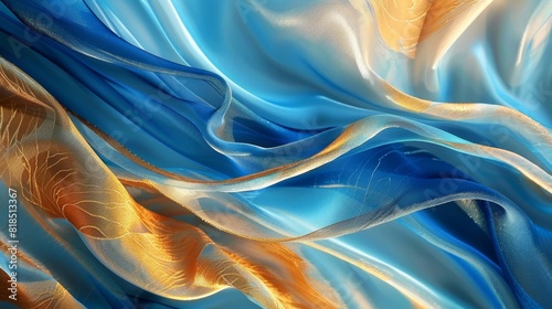 luxurious abstract waves of blue and gold silk fabric flowing texture background photo