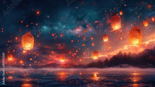 Simple, detailed paper lanterns floating in the night sky photo