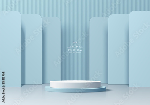 3D blue product podium background with layers rectangles backdrop wall. Abstract composition in minimal design. Studio showroom product pedestal, Fashion showcase mockup scene. Vector showcase design.