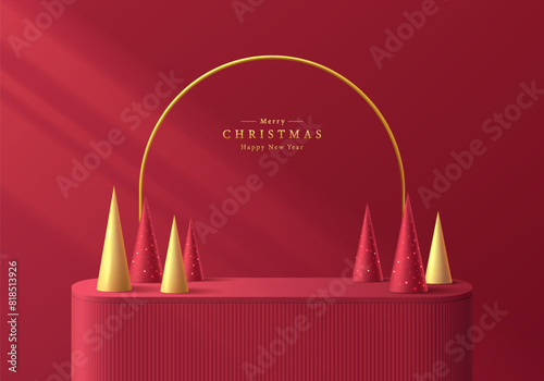 3D red product podium background with christmas tree gold conical shape. Abstract composition in minimal design. Studio showroom product pedestal, Fashion showcase mockup scene. Vector showcase design