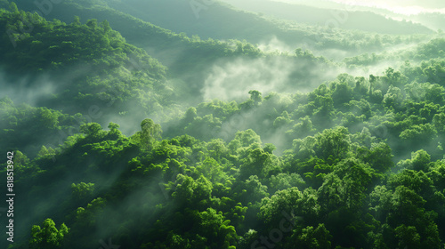 Peaceful Dawn  Misty Hills and Dense Forest