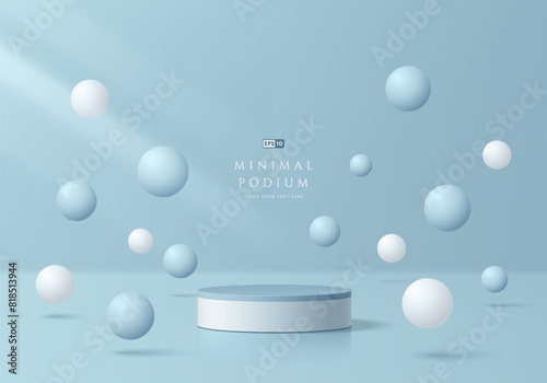 3D blue product podium background with white, blue bounce balls. Abstract composition in minimal design. Studio showroom product pedestal, Fashion showcase mockup scene. Vector banner showcase design.