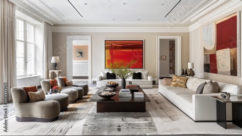 living room with a large red painting  white sofas  and a gray rug.