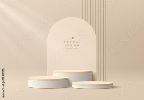 3D beige product podium background with vertical pillars, arch backdrop. Abstract composition in minimal design. Studio showroom product pedestal, Fashion showcase mockup scene. Vector showcase design